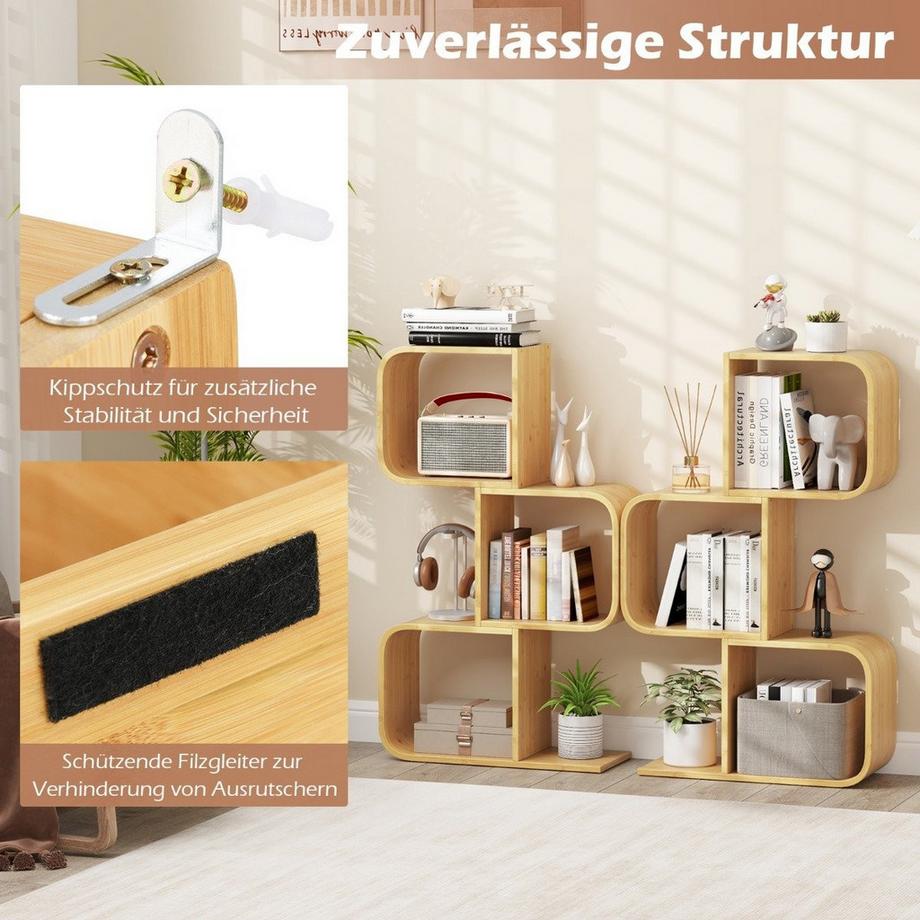 Northix S-förmiges Bücherregal aus Bambus mit 3 Ebenen Standregal Würfelregal Büroregal 61 x 23 x 100 cm  