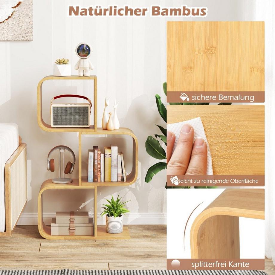 Northix S-förmiges Bücherregal aus Bambus mit 3 Ebenen Standregal Würfelregal Büroregal 61 x 23 x 100 cm  