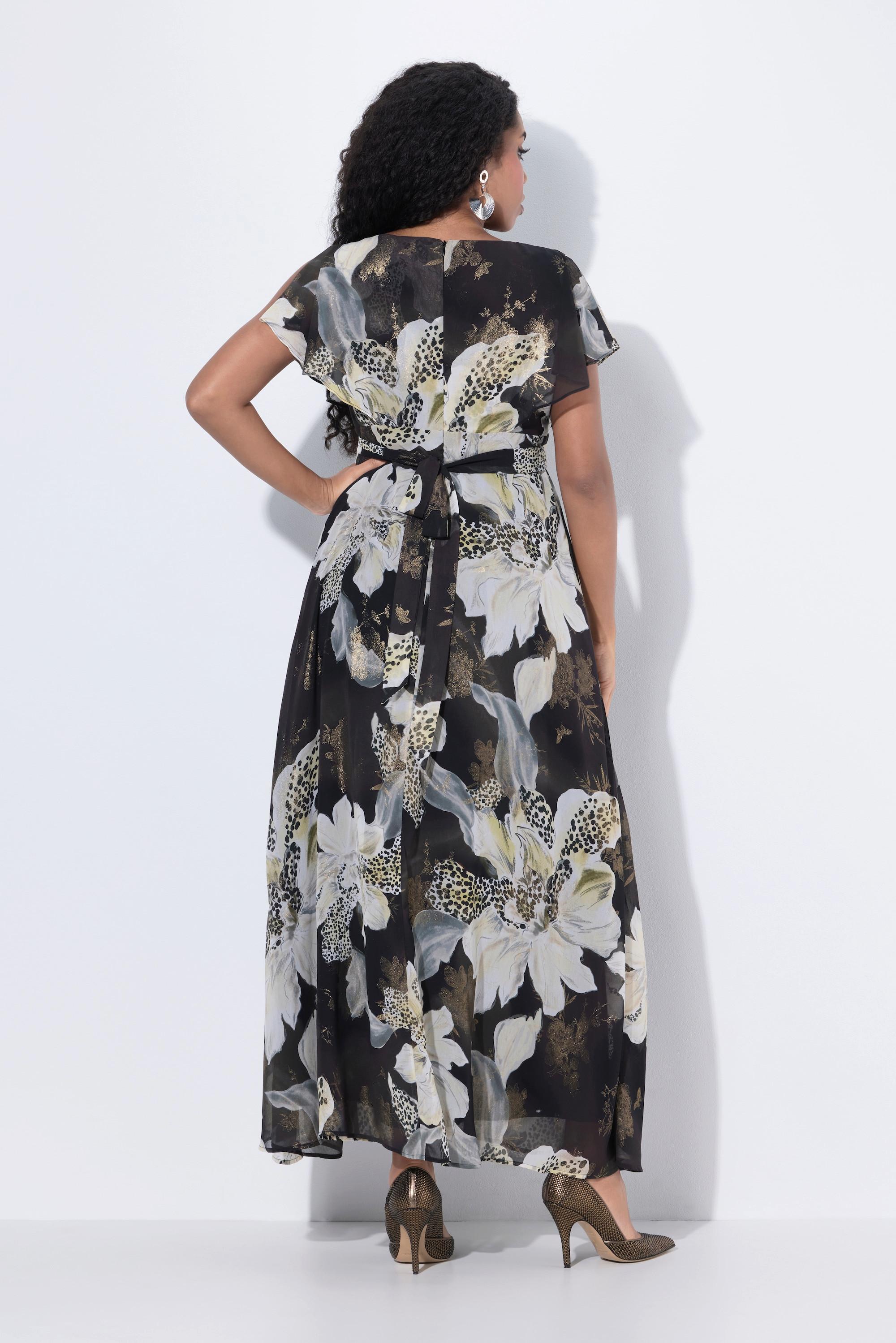 Ulla Popken Maxi Abito Cintura Scollo a V Mezze Maniche ad Aletta  