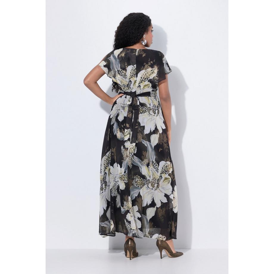 Ulla Popken Robe Maxi Ceinture Décolleté V Manches Papillon Courtes  