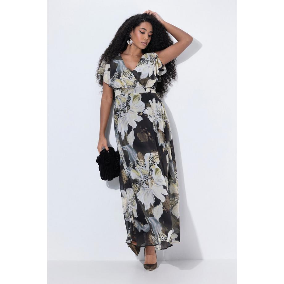 Ulla Popken Robe Maxi Ceinture Décolleté V Manches Papillon Courtes  