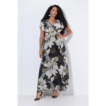 Robe maxi à ceinture. Décolleté V, manches papillon courtes