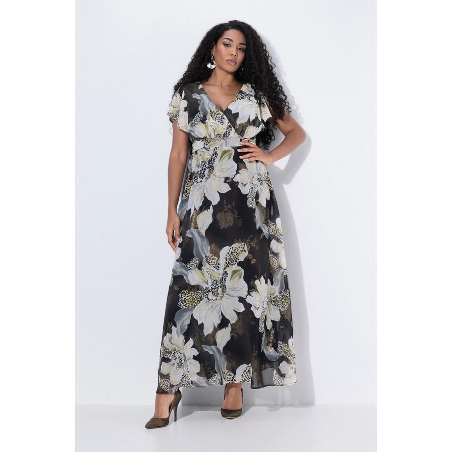 Ulla Popken Robe Maxi Ceinture Décolleté V Manches Papillon Courtes  