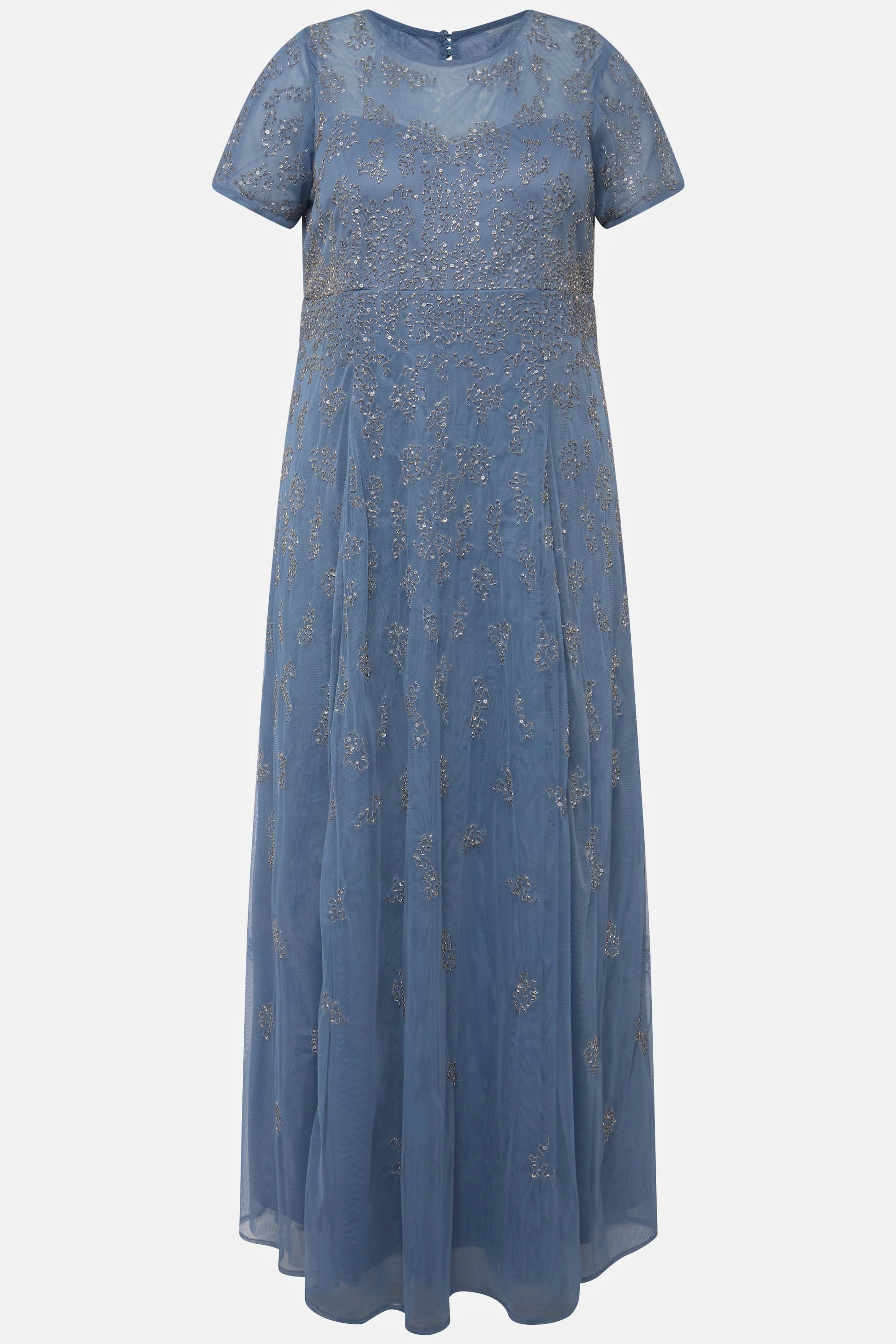 Ulla Popken Robe en Tulle Perles Brodées Décolleté Rond Manches Courtes  