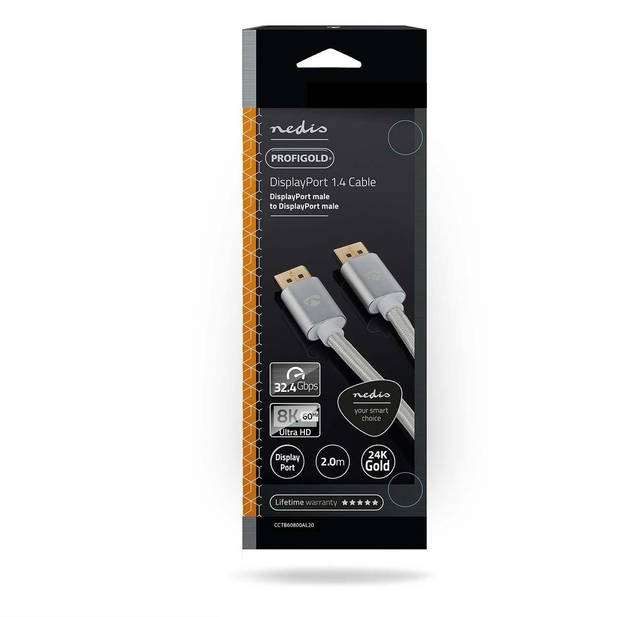 Nedis  Câble Displayport | DisplayPort Mâle | DisplayPort Mâle | 8K@60Hz | Plaqué or | 2.00 m | Rond | Tressé | Argent | Boîte avec fenêtre couverte 