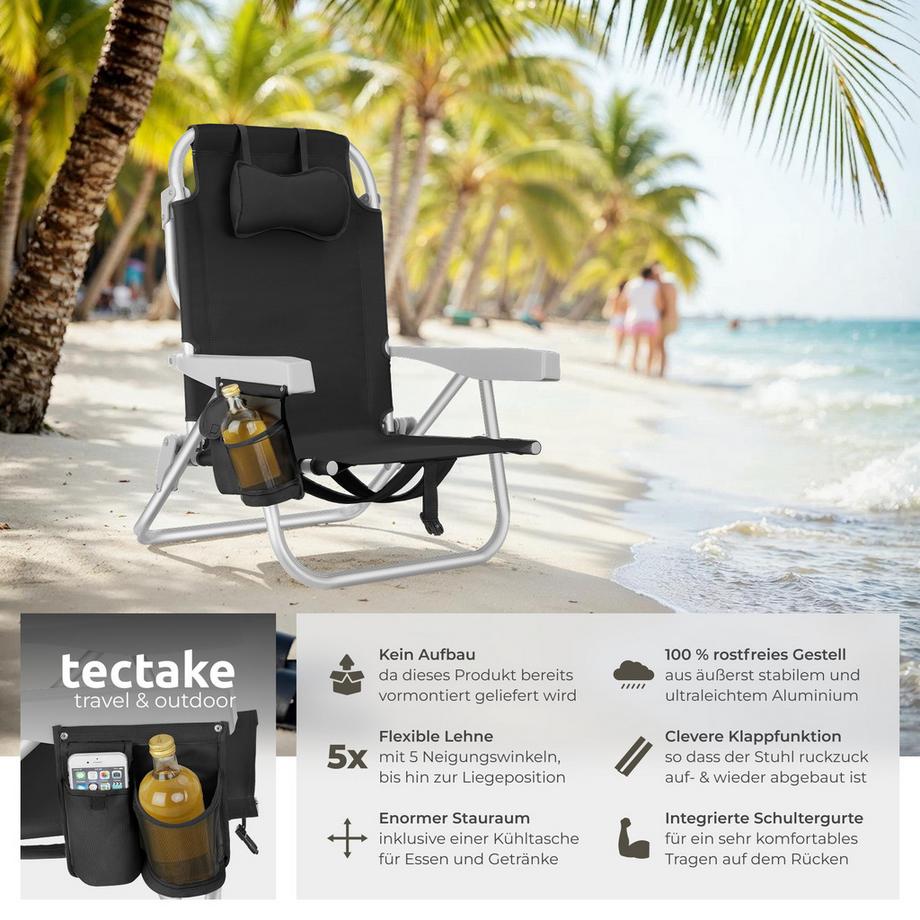 Tectake Chaise de Plage Aluminium,Pliable,Dossier Réglable 5 Positions,Sac à Dos,Capacité 120 kg,2 Pièces  