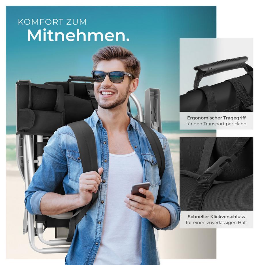 Tectake Chaise de Plage Aluminium,Pliable,Dossier Réglable 5 Positions,Sac à Dos,Capacité 120 kg,2 Pièces  