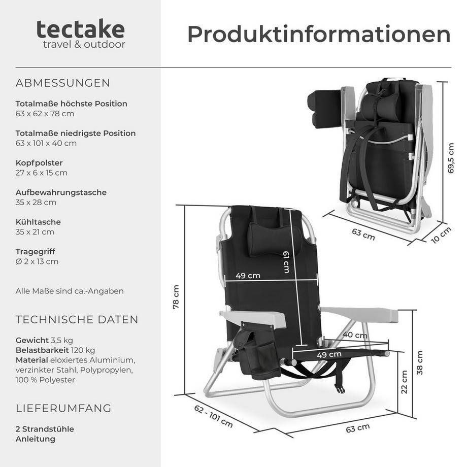 Tectake Chaise de Plage Aluminium,Pliable,Dossier Réglable 5 Positions,Sac à Dos,Capacité 120 kg,2 Pièces  