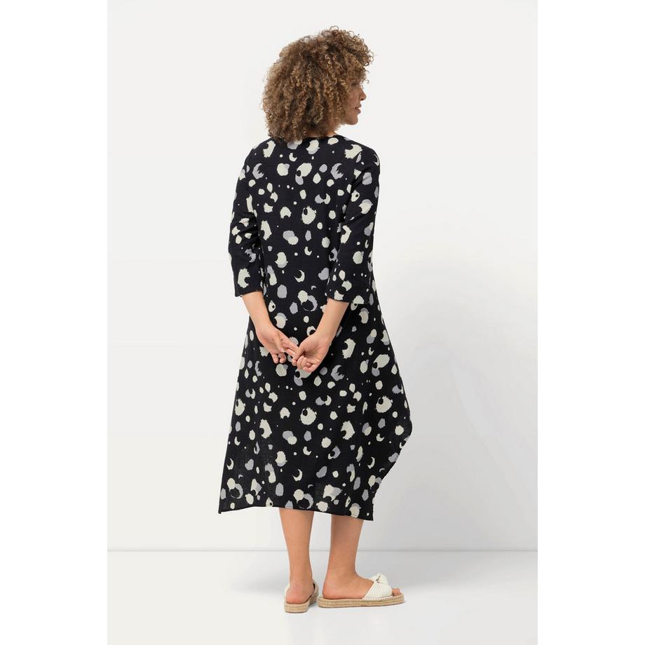 Ulla Popken Robe Trapèze Lin Mélangé Pois Encolure Ronde Manches 3/4  