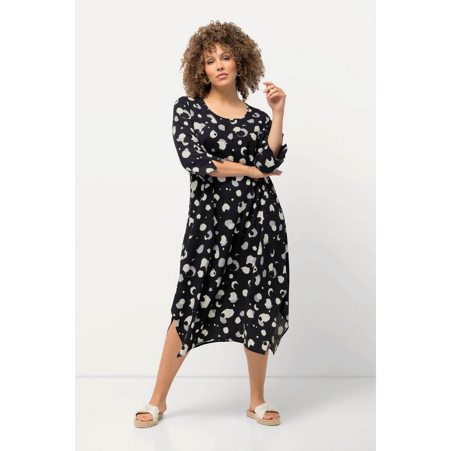 Ulla Popken Robe Trapèze Lin Mélangé Pois Encolure Ronde Manches 3/4  