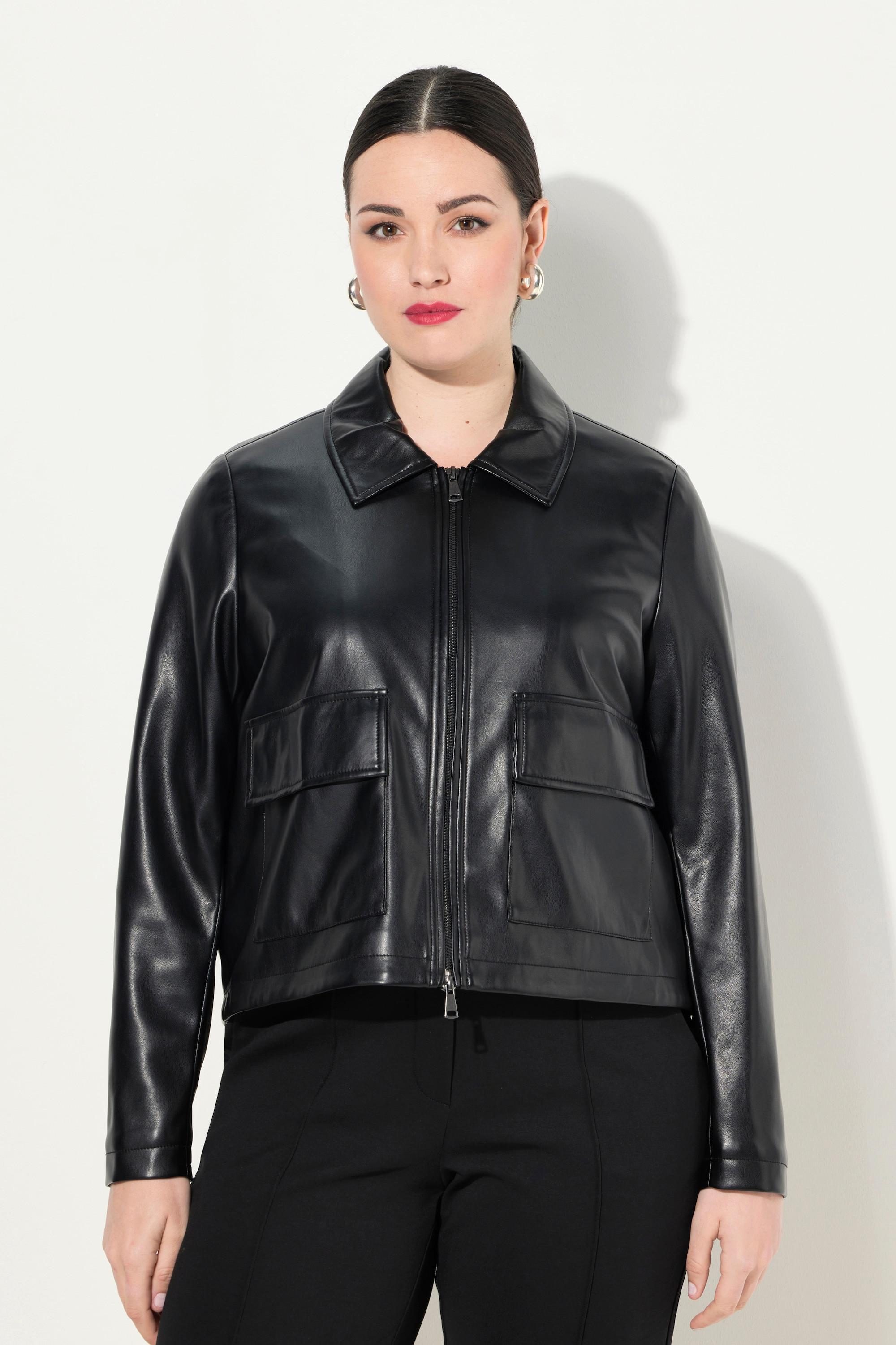 Ulla Popken Giacca Oversize Similpelle Collo Camicia Cerniera Doppio Cursore  