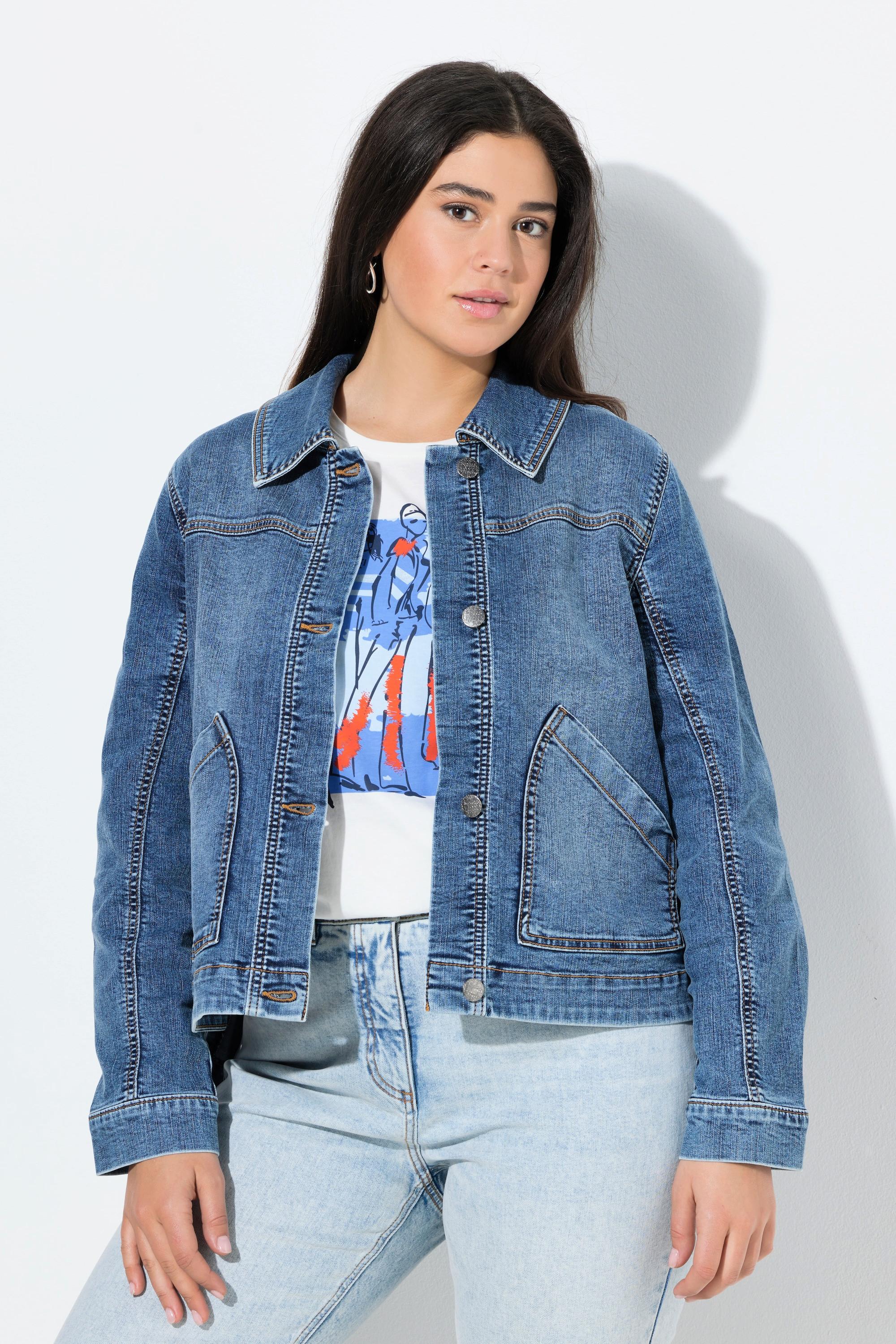 Ulla Popken Giacca di jeans oversize con stampa sul retro e colletto a camicia  