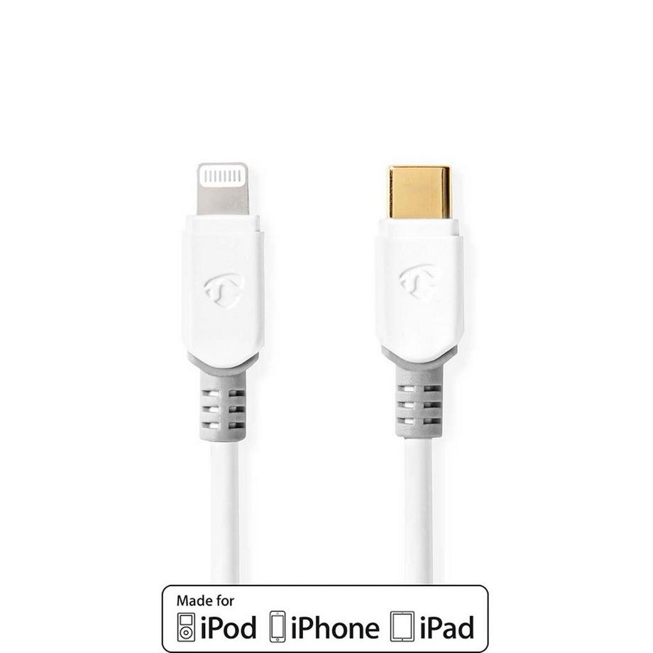 Câble Lightning | USB 2.0 | Apple Lightning, 8 broches | USB-C™ mâle | 480 Mbps | Plaqué or | 1,00 m | Rond | PVC | Blanc | Boîte