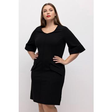 Robe midi en point de Rome, ligne en A, col en V, manches 3/4