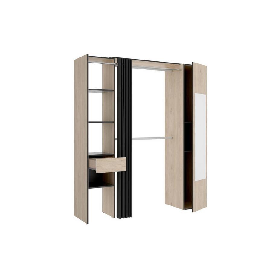Vente-unique  Kleiderschrank mit Vorhang & 1 Tür + Spiegel - 177 cm - Holzfarben & Anthrazit - BERTRAND 