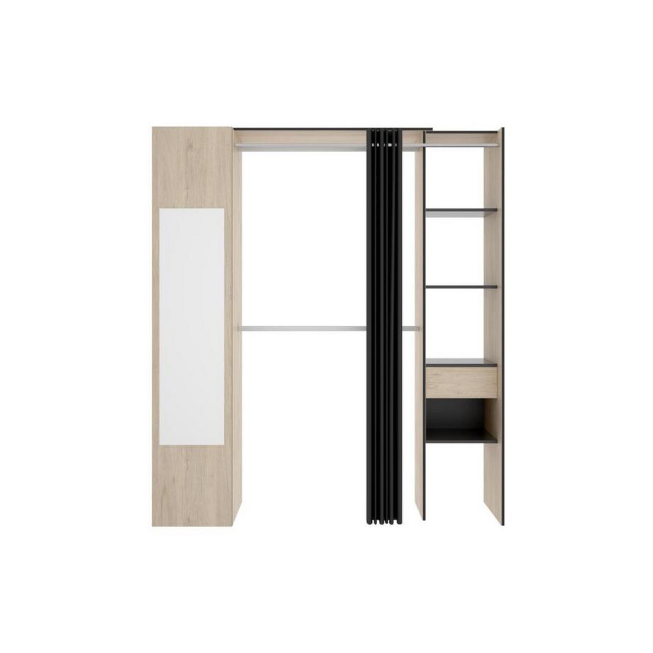 Vente-unique  Kleiderschrank mit Vorhang & 1 Tür + Spiegel - 177 cm - Holzfarben & Anthrazit - BERTRAND 