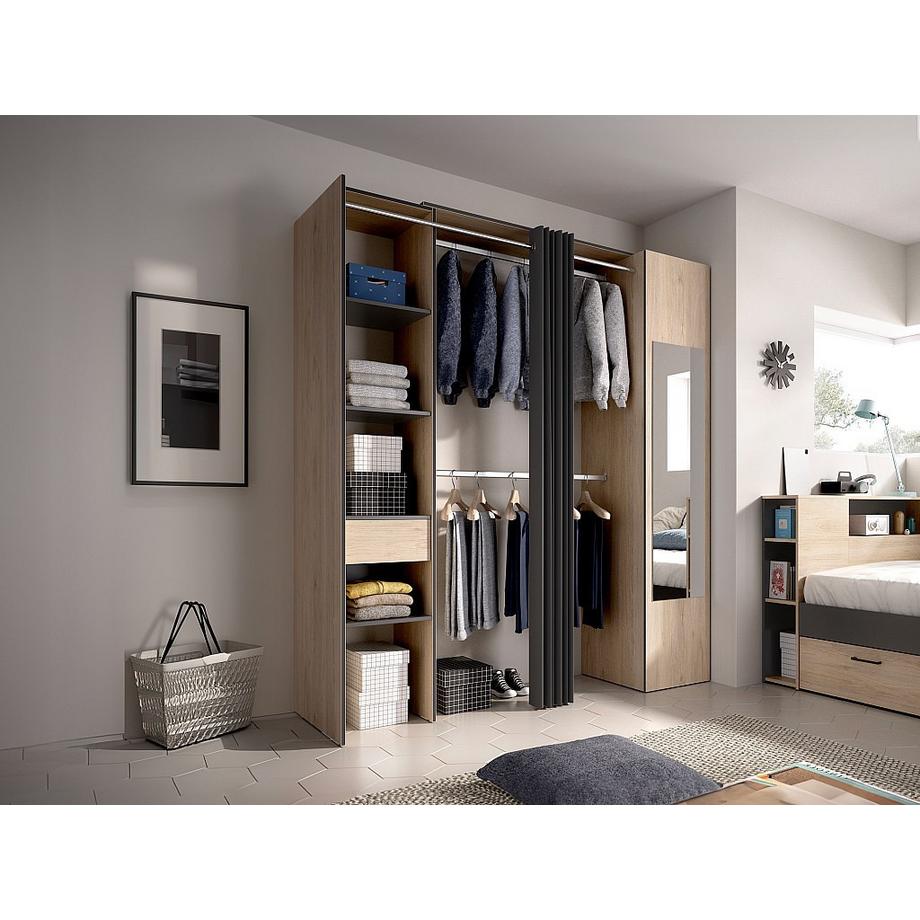 Vente-unique  Kleiderschrank mit Vorhang & 1 Tür + Spiegel - 177 cm - Holzfarben & Anthrazit - BERTRAND 