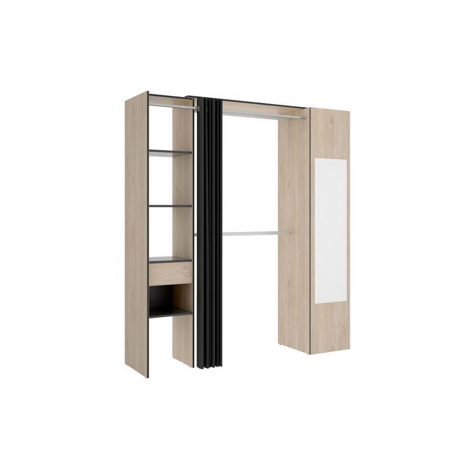 Vente-unique  Kleiderschrank mit Vorhang & 1 Tür + Spiegel - 177 cm - Holzfarben & Anthrazit - BERTRAND 