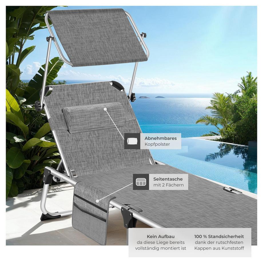 Tectake Aluminium Sonnenliege Aurelie klappbar, mit Kopfkissen wetterfest und UV-beständig  