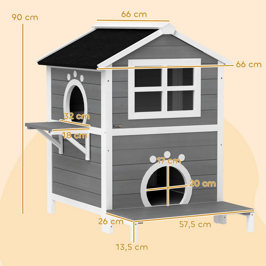 Northio  Katzenhaus aus Holz Katzenhöhle mit Fenster, Balkon, Wetterfest Katzenhütte mit 2 Ebenen, herausnehmbarem Boden, für 1-2 Katzen, Indoor, Outdoor, 66 x 66 x 90 cm, Grau 