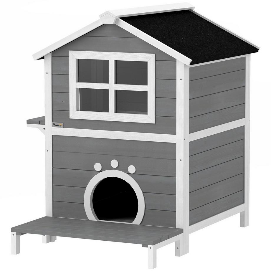 Northio  Katzenhaus aus Holz Katzenhöhle mit Fenster, Balkon, Wetterfest Katzenhütte mit 2 Ebenen, herausnehmbarem Boden, für 1-2 Katzen, Indoor, Outdoor, 66 x 66 x 90 cm, Grau 