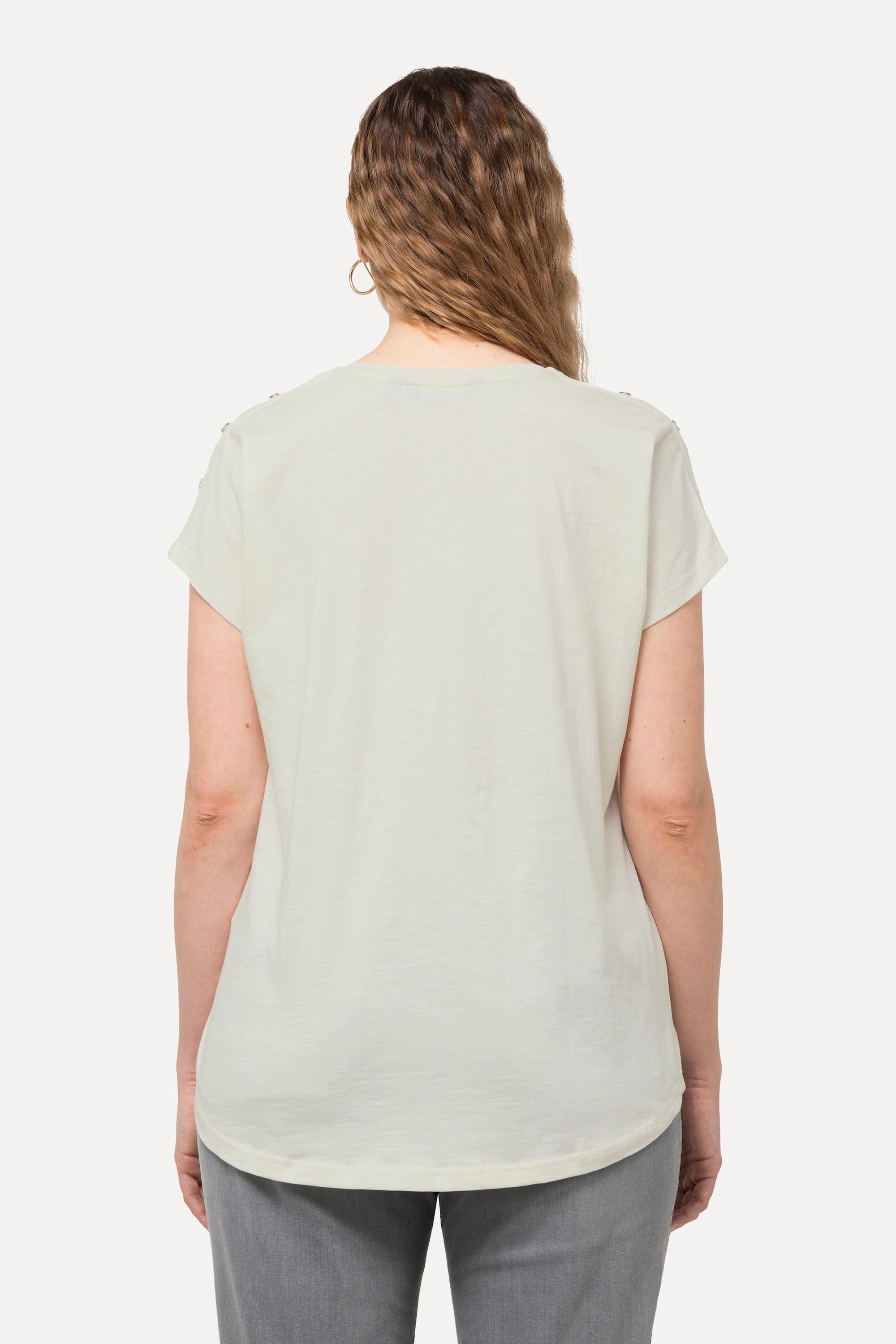 Ulla Popken  T-shirt dal taglio oversize con LOVE, bottoni, scollo a girocollo e mezze maniche 