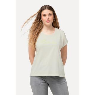 Ulla Popken  T-shirt dal taglio oversize con LOVE, bottoni, scollo a girocollo e mezze maniche 