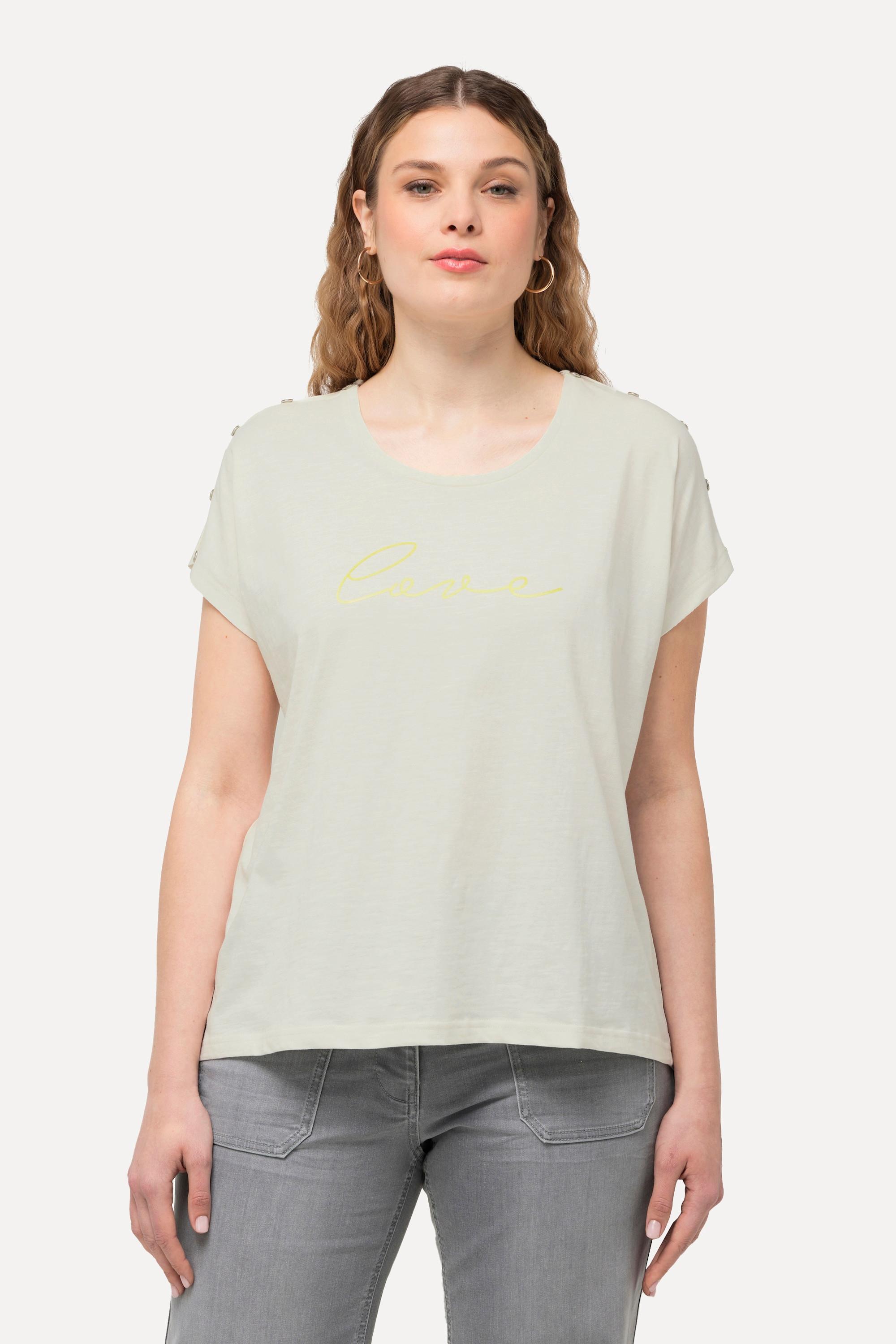 Ulla Popken  T-shirt dal taglio oversize con LOVE, bottoni, scollo a girocollo e mezze maniche 