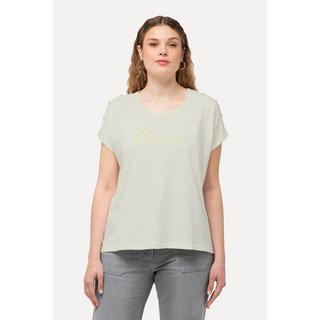 Ulla Popken  T-shirt dal taglio oversize con LOVE, bottoni, scollo a girocollo e mezze maniche 