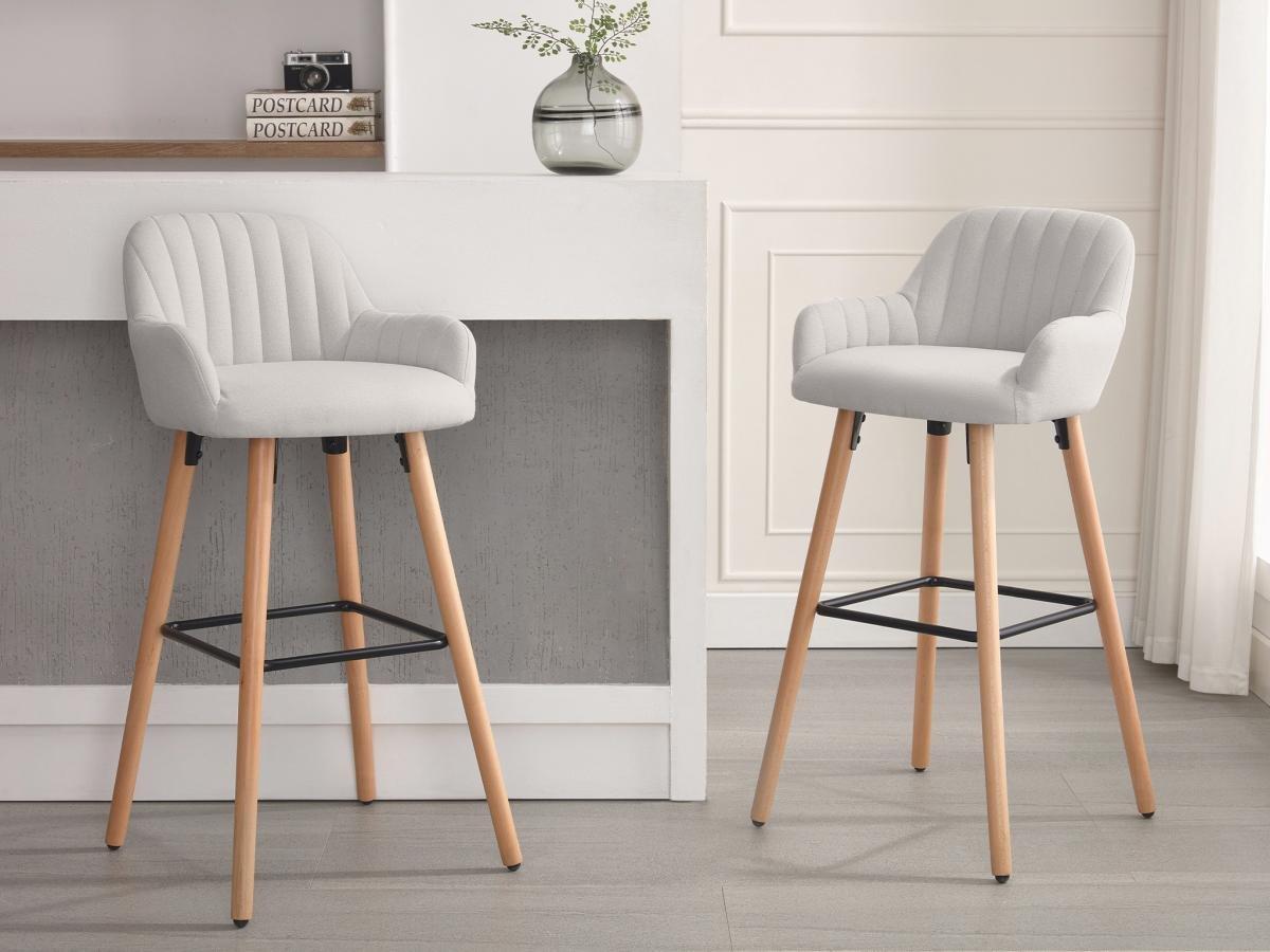 Vente-unique Lot de 2 tabourets de bar en tissu et pieds bois de hêtre - Crème - ELEANA  