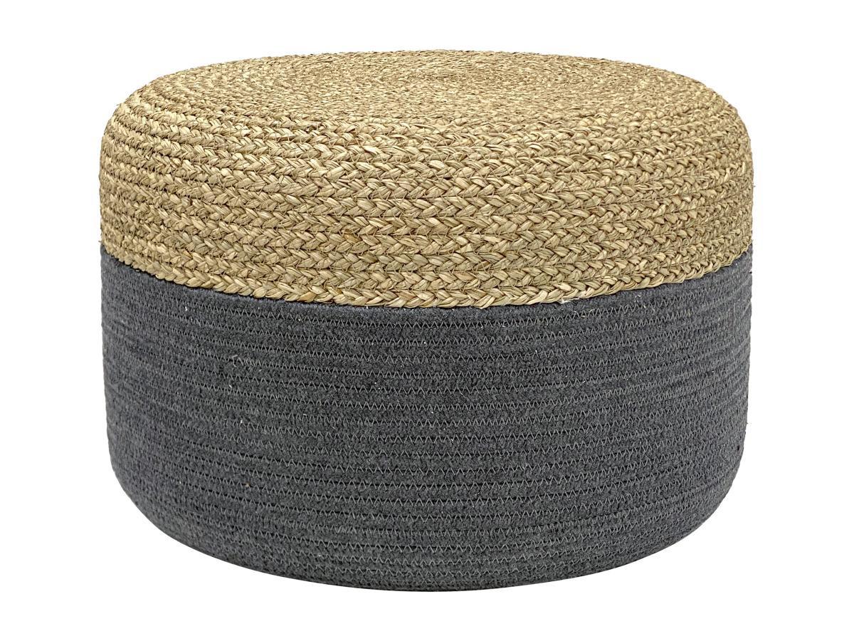 Vente-unique Pouf rotondo in Giunco Naturale chiaro e Grigio - LOMANGO  