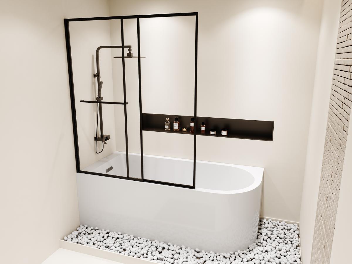 SHOWER DESIGN Duschbadewanne mit schiebbarer Duschtrennwand - Weiß - 240 L - Ecke links - ANIKA  