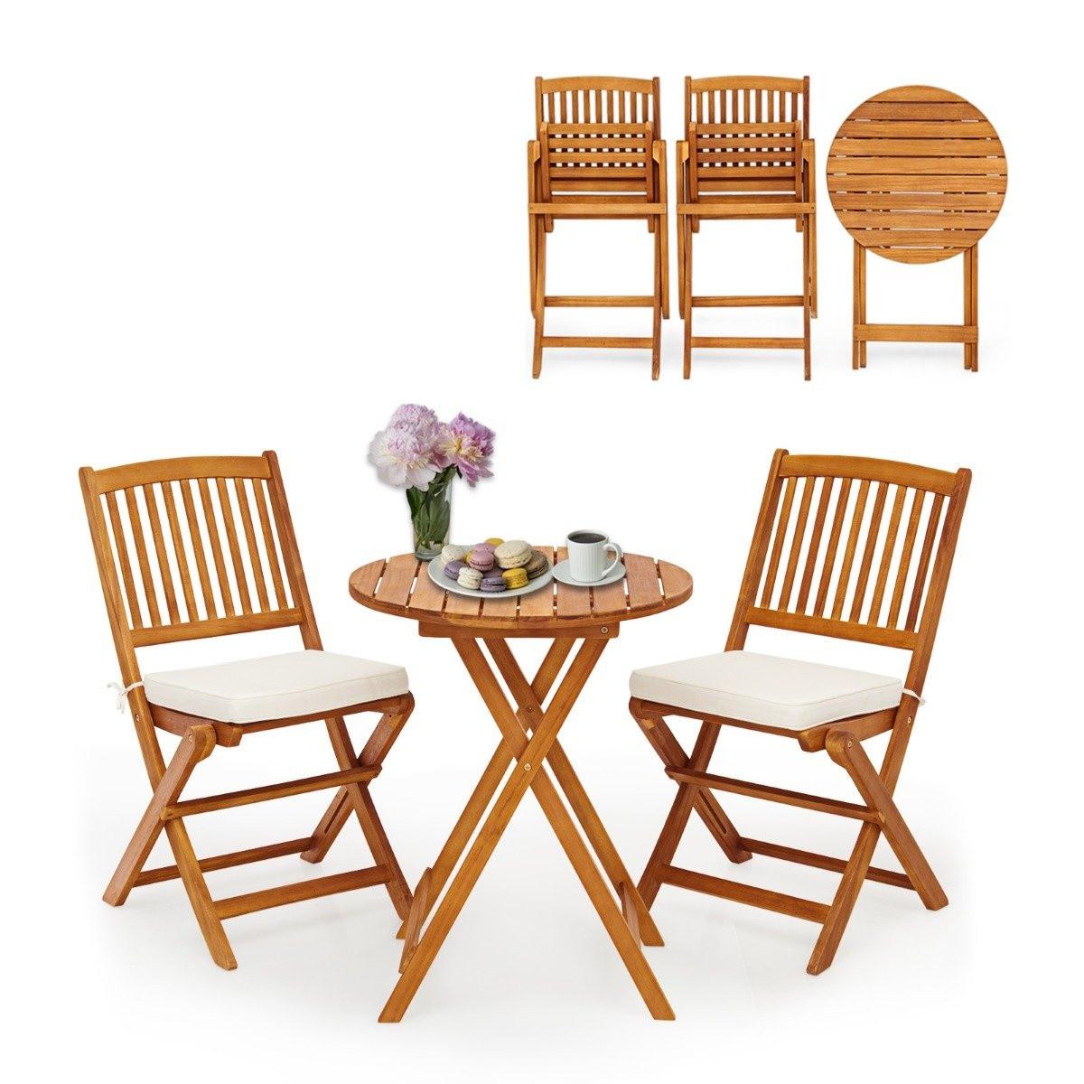 Northix Gartenmöbel Set 3-teilig Balkonmöbel Set mit 2 Stühle & rundem Couchtisch aus Akazienholz klappbar Bistroset für Terrasse Beige  