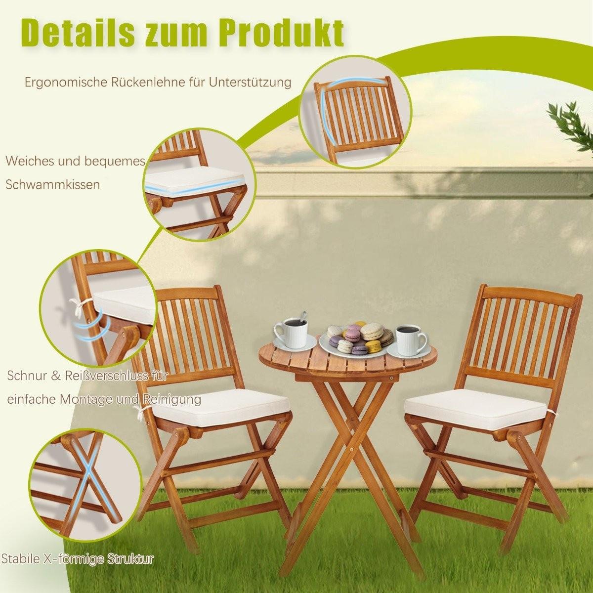 Northix Gartenmöbel Set 3-teilig Balkonmöbel Set mit 2 Stühle & rundem Couchtisch aus Akazienholz klappbar Bistroset für Terrasse Beige  