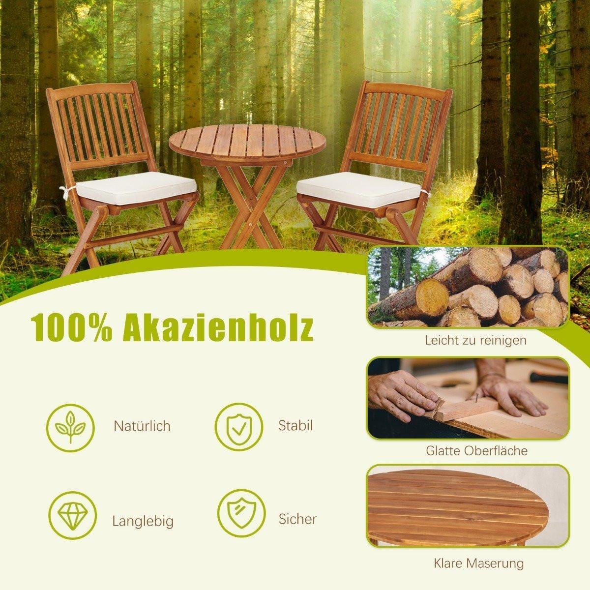 Northix Gartenmöbel Set 3-teilig Balkonmöbel Set mit 2 Stühle & rundem Couchtisch aus Akazienholz klappbar Bistroset für Terrasse Beige  