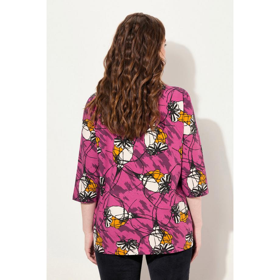 Ulla Popken T-shirt Ruban à Froncer Col Rond Manches 3/4 Coton Bio  