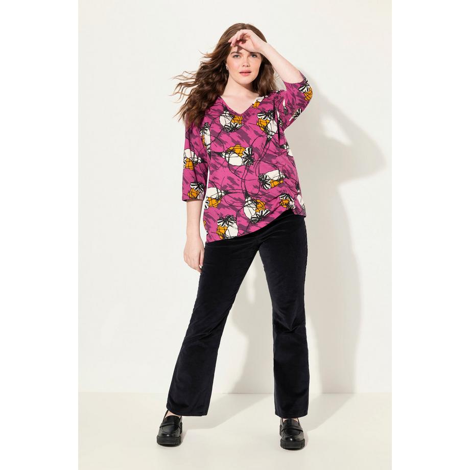 Ulla Popken T-shirt Ruban à Froncer Col Rond Manches 3/4 Coton Bio  