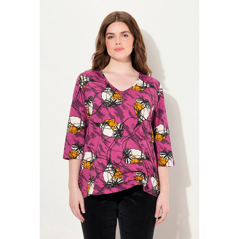 Ulla Popken T-shirt Ruban à Froncer Col Rond Manches 3/4 Coton Bio  