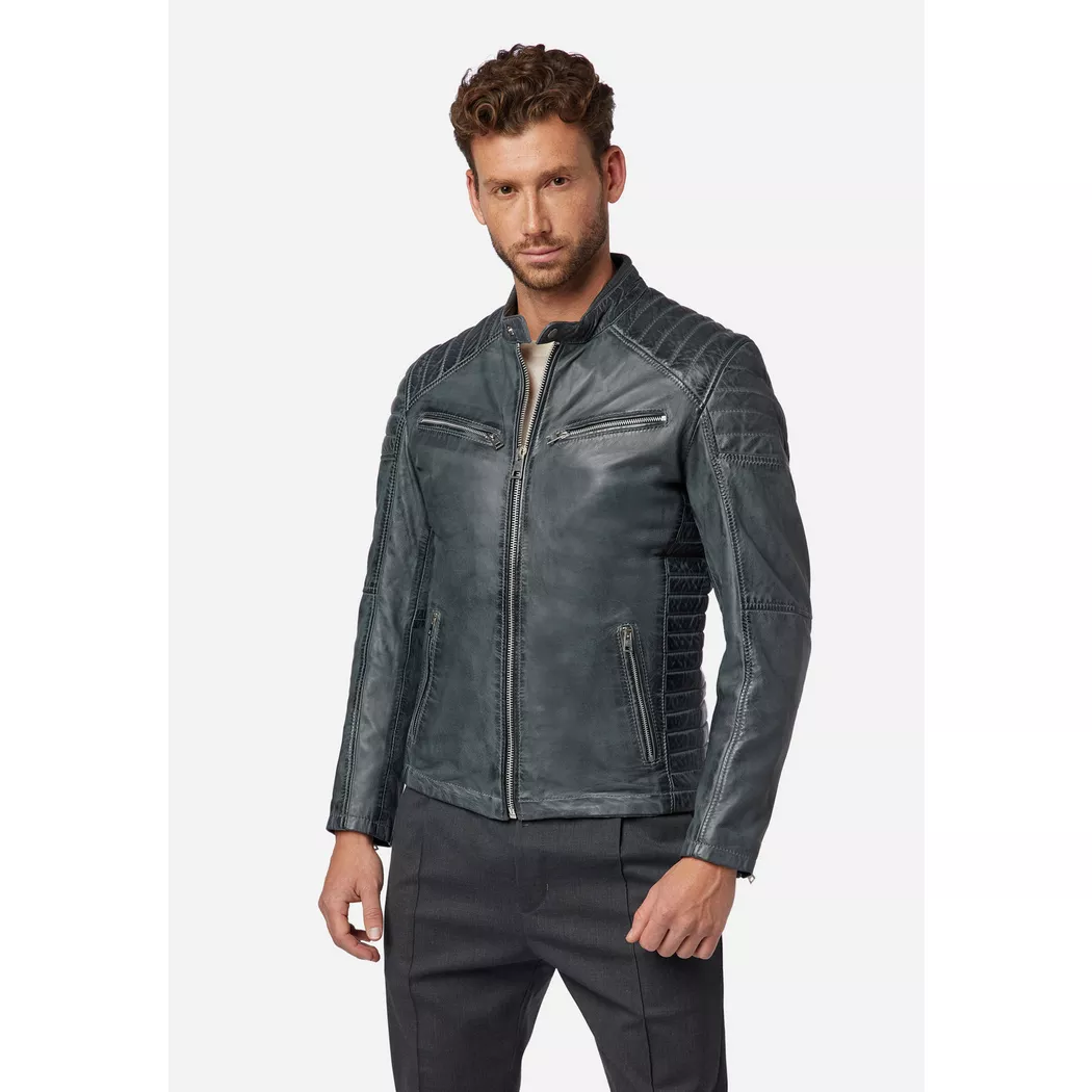 RICANO - Lederjacke Cooper im Biker-Stil mit Stehkragen, XXL, Grau
