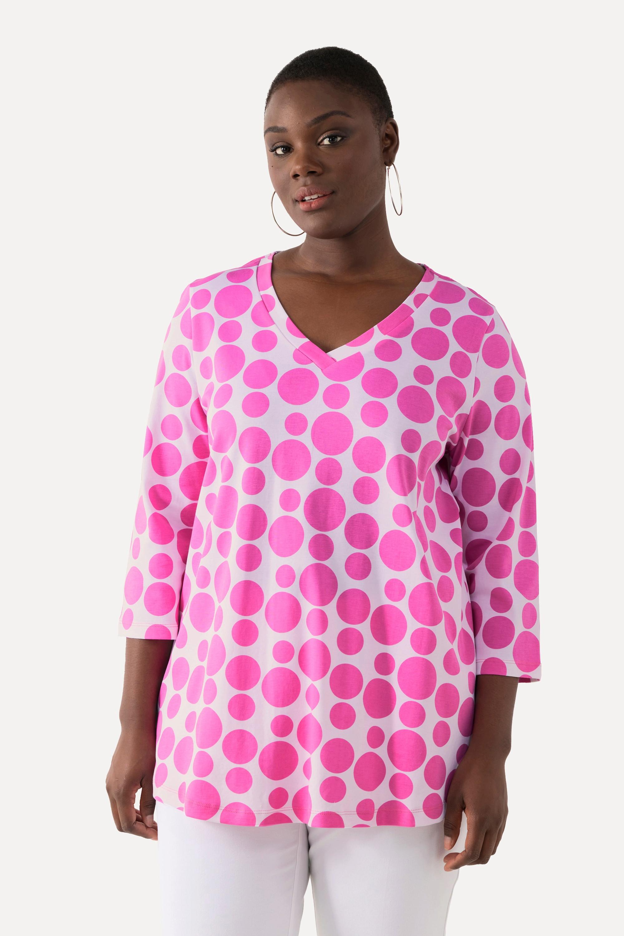 Ulla Popken  Shirt, Pima Cotton, Punkte, V-Ausschnitt, 3/4-Arm 