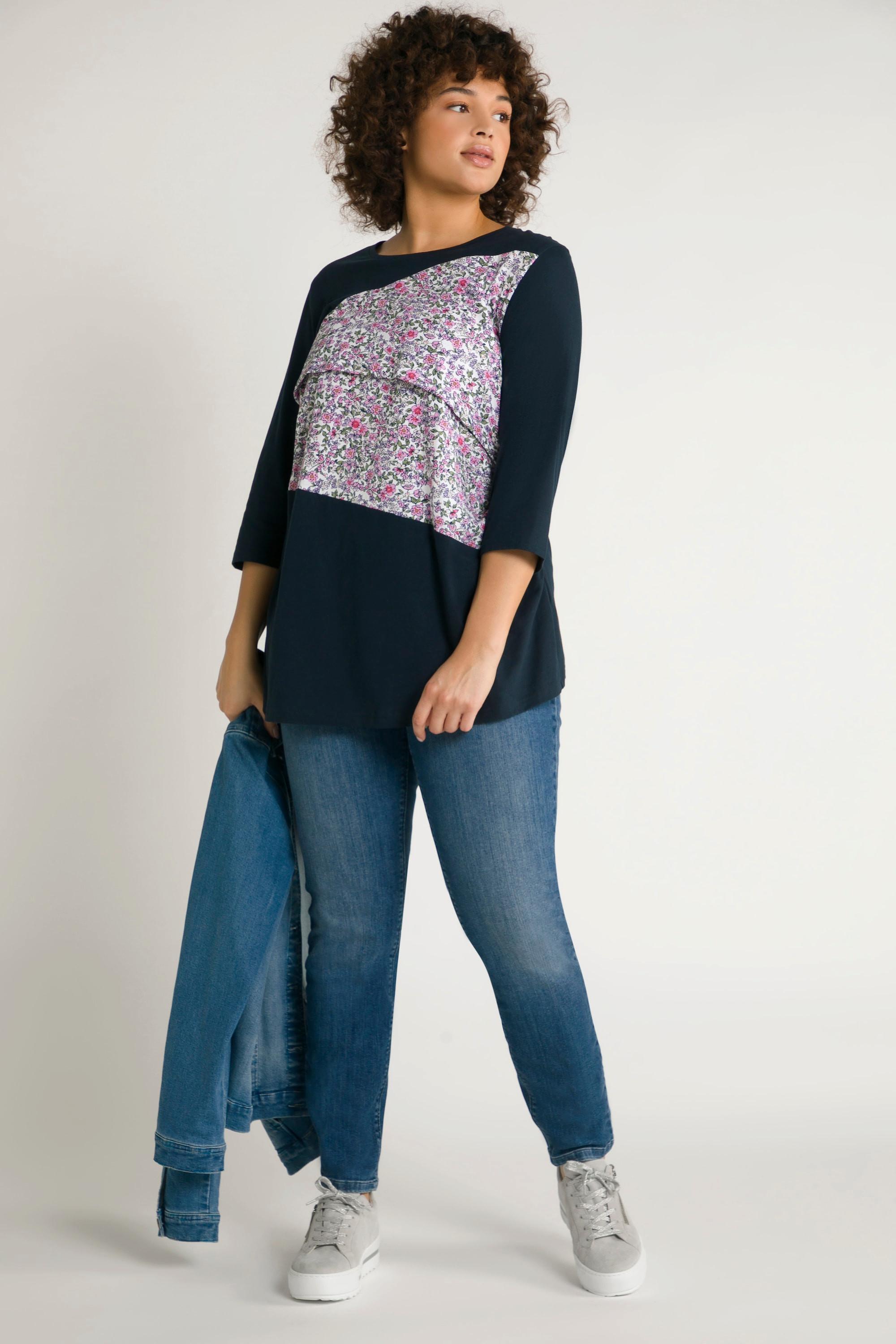 Ulla Popken  T-shirt Bellieva, fonction d'allaitement, silhouette en A, fleurs, manches 3/4 