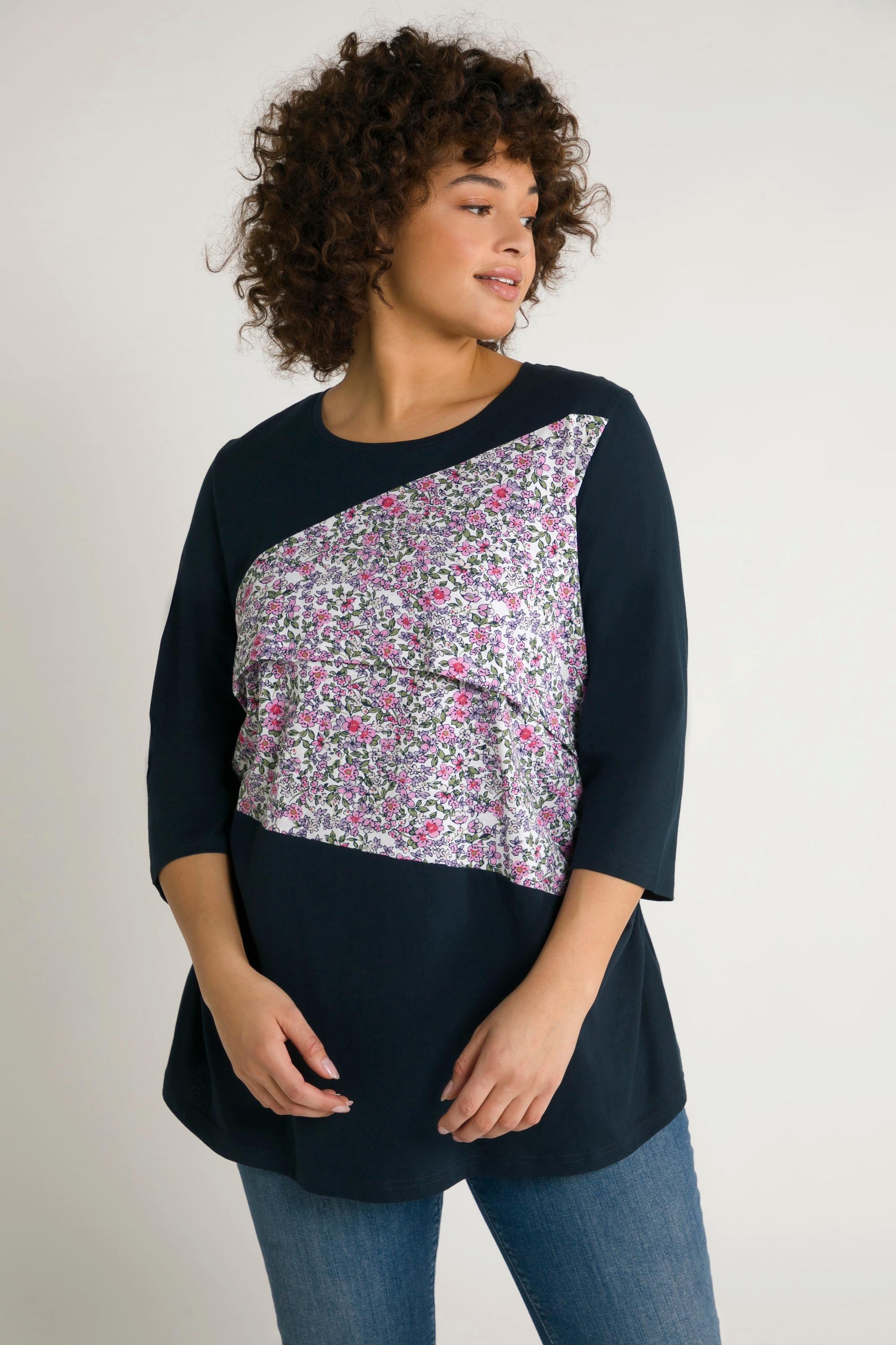 Ulla Popken  T-shirt Bellieva, fonction d'allaitement, silhouette en A, fleurs, manches 3/4 