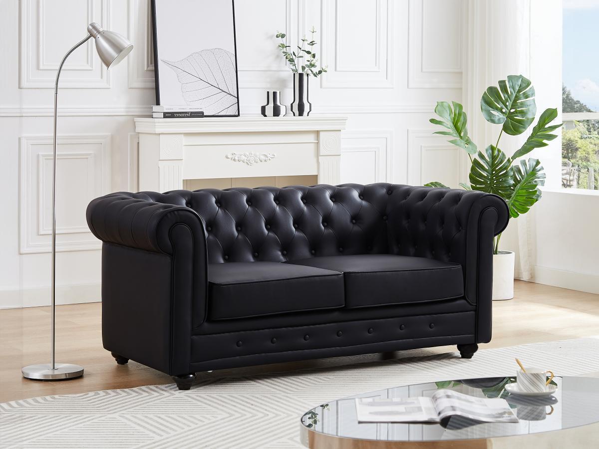 Vente-unique Sofa 2-Sitzer - Kunstleder - Schwarz - CHESTERFIELD  