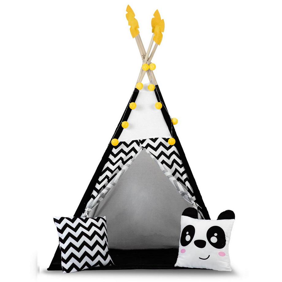 B2X  Tente tipi pour enfant avec guirlande et lumières Nukido, noir et blanc avec un panda 