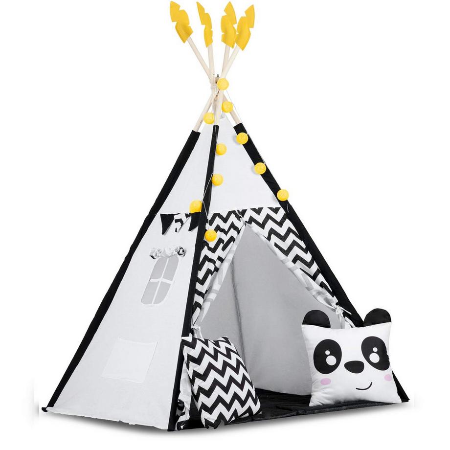 B2X  Tente tipi pour enfant avec guirlande et lumières Nukido, noir et blanc avec un panda 
