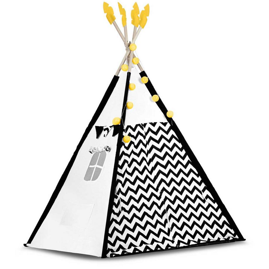 B2X  Tente tipi pour enfant avec guirlande et lumières Nukido, noir et blanc avec un panda 