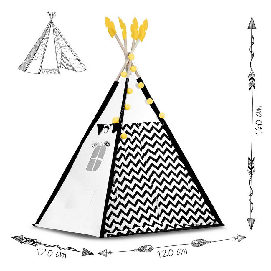 B2X  Tente tipi pour enfant avec guirlande et lumières Nukido, noir et blanc avec un panda 