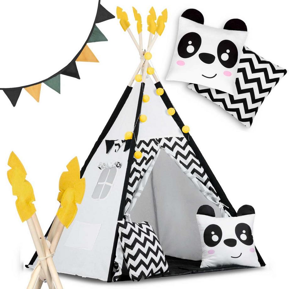 B2X  Tente tipi pour enfant avec guirlande et lumières Nukido, noir et blanc avec un panda 