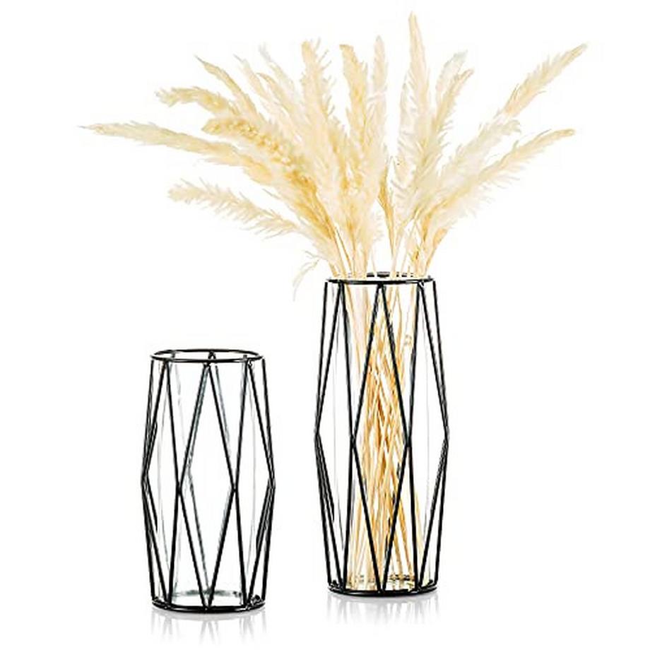 2 Stück/Set Glasblumenvase Mit Geometrischem Metallregalständer, Kristallklarem