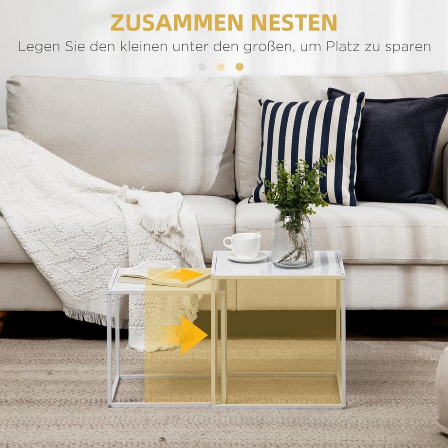 Northio 2er-Set Couchtisch, Eckiger Beistelltisch, Kaffeetisch mit Stahlgestell, Sofatisch im modern Design, für Wohnzimmer, bis 10 kg Belastbar, Weiß  